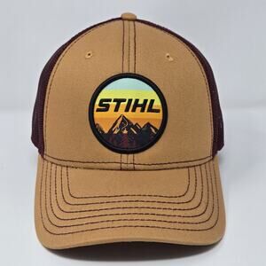 STIHL Trucker Hat Tan Maroon Snapback Cap Mountain Patch Logo Outdoor